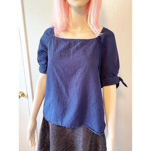 Banana Republic blue peasant blouse with tie sleeves linen cotton blend szLg
